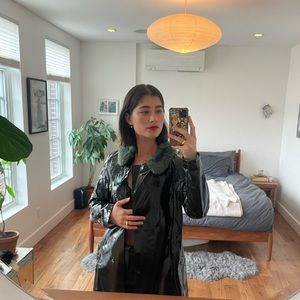 Shrimps Glossy Patent Trench with Faux Fur collar